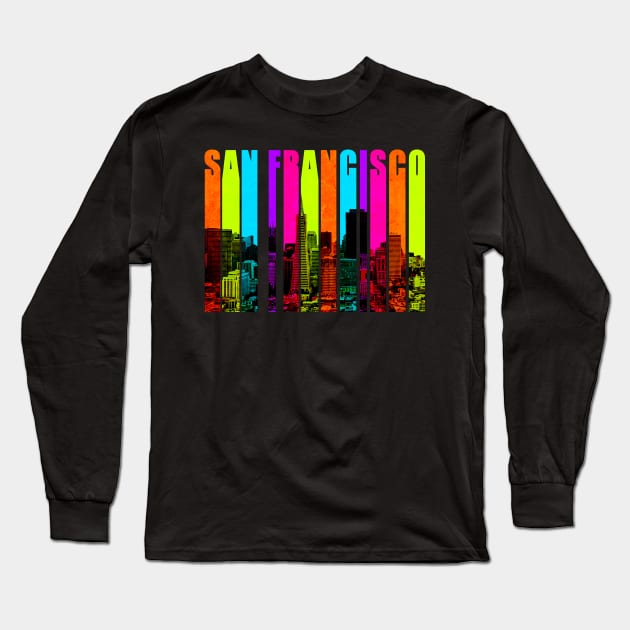 Retro San Francisco California Cityscape Skyline Long Sleeve T-Shirt by phughes1980